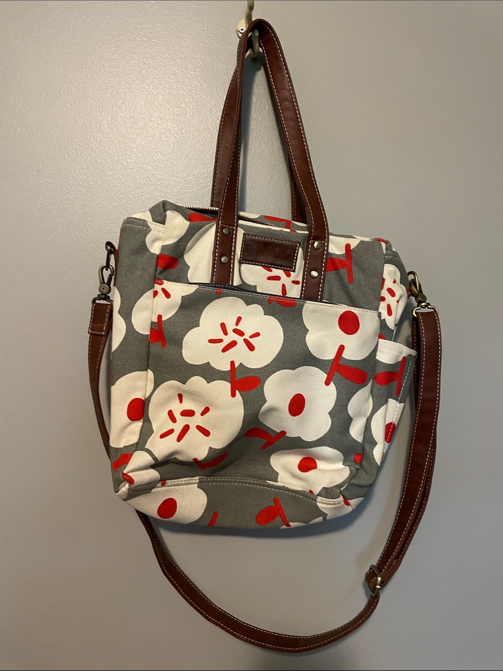 Maika Gray Floral Crossbody Tote with Brown Leather Straps and Red Accents